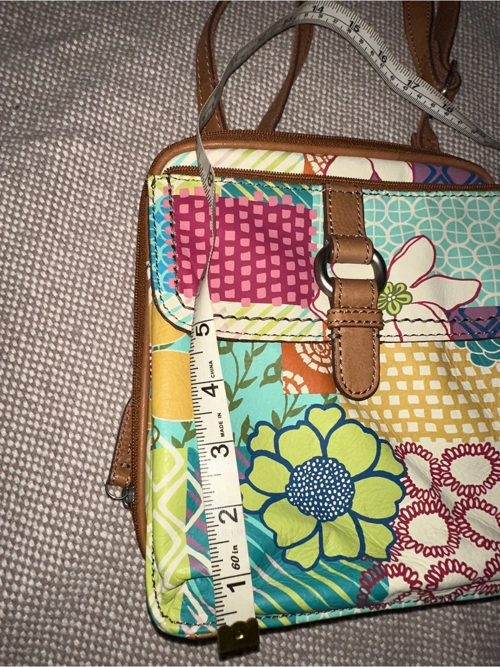 Fossil Patchwork Floral Crossbody in Multicolor with Brown Trim